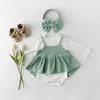 Wiosna Maluch Dziewczynka Ubrania 3 PCS Zestaw Z Długim Rękawem Bawełniany Biały Body Pasek Dress and Headband Baby Set Born Girl 210713