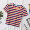 T Shirt Women Cotton Striped Crop Tops Slim Fit Harajuku Summer Short Sleeve Korean Female