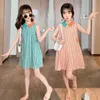 Summer Girls 'Dress Korean Style Lapel Stripe College Wind Big Children's Princess Dress Kids kläder för tjejer Tonåringar 4-13 År Q0716