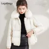 Lagabogy Real Fur Collar Zimowe Kobiety 90% White Duck Down Jacket Panie Krótkie Ciepłe Puffer Płaszcz Kobiet Luźny Vintage Parka 211018