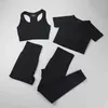 Sömlösa Leggings + Kortärmad Crop Top + Sport Bra + Sport Shorts 4 Pieces Yoga Set Wear för Kvinnor Gym Kläddräkt 210802