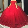 2022 3D Floral Puffy Ball Robe Quinceanera Robes Fleurs Appliques Hors Épaule Tulle À Lacets Dos Princesse Douce 16 Robe De Bal Parti Pageant Robe Robes 15