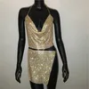 AKYZO Women Sparkly Rhinestone Halter Metal Chain Dress New Nightclub Gold Silver Backless Split Hip 2 Pieces Set Dress 210316