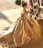 Ouro Primeira Comunhão Vestidos Crianças Vestido De Esfera De Noite Gold Applique Bow Long Girls Pageant Dress Lace Tulle Flor Menina Vestidos 2021