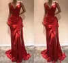 Lange elegante rode jurken 2021 Sweetheart Mermaid Formele prom -jurk met spleetveg trein Zipper Side Split -avondjurken Satijnen boog