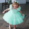 ウェーブポイントレースデザインガールズドレスフリルスリーブかわいいプリンセスドレス女の子子供のための誕生日スカートボールガウンチュチュ服G1215