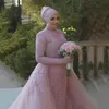 2021 fard à joues rose robes de mariée musulmanes sirène avec surjupe tulle dentelle appliques col haut sur mesure robe de mariée robe de novia