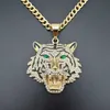 Hip Hop Rhinestones Paved Bling Iced Out GoldStainlSteel Big Tiger Pendants Necklace for Men Rapper Jewelry with cuban chain X0707