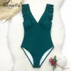 Seaselie Sexy Solidne Teal V-Neck Backless Swimsuit Kobiety Wyściełane Kubki Monokini Dziewczyny Plaża Kąpiel Swimwear 210712