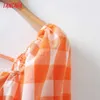 Tangada été femmes Orange Plaid imprimé dos nu longue robe bouffée à manches courtes dames robe d'été 4T11 210609