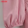 Tangada Fashion Women Pink Pleated Dress Backless Puff Sleeve Ladies Square Collar Mini Dress Vestidos 1F63 210609