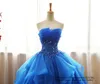 Quinceanera klänningar 2021 Sexiga applikationer Crystal Royal Blue Party Prom Formal Lace Up Princess Ball Gown Tulle Vestidos de 15 Anos 255p