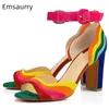 2021 Kleurrijke Sandalen Dames Peep Toe Sexy Slanke Ondiepe Partij Schoenen Chunky Vierkant Hoge Hak Wandelen Schoenen Regenboog Sandalias