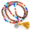 Wojiaer 108 Meditation Multi-Layer Long Strands Bracelets 7 Chakra Yoga Natural Round Tigers Eye Mala Beads Life Tree Tassel Jewelry K3205