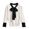 Korobov Korean Lacing Bow Sweet Women Pullovers Hit Färg Basic Långärmad Kvinnlig Tröjor Elegant Patchwork Sueter Mujer 79063 210918