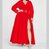 Robe de bal rouge sans ceinture, manches longues, longueur au sol, robe de soirée trapèze