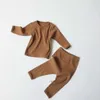 Весна Baby Pajamas вязание вафель с длинным рукавом хлопчатобумажная домашняя одежда девушка мальчик oufits одежда E2419 210610