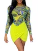 Casual Jurken Dames Bodycon Mini Jurk, Lange Mouw Ronde Neck Leaf Print Warp Hem Short Dress