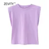 Vrouwen mode effen kleur schouder pad casual t-shirts vrouwelijke basis o hals mouwloze gebreide t-shirt chique leisure tops T678 210720