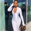 Adogirl Women Sexy Solid Two Pieces Set Jumpsuit With Corset Casual Long Sleeve Front Zipper Pants Romper for Valentine's Day Y0625