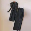 Giacca a righe lunga temperamento invernale femminile Elegante abito da ufficio di alta qualità Moda pantaloni larghi a due pezzi 210527