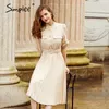 Simplee A-line holiday female midi dress Ruffled three quarter sleeve pleated dress Elegant belt office ladies pocket dress 210303