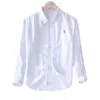 100% Pure Linen Long Sleeve Shirts for Men White T Letter Embroidery Casual Turn-down Collar Tops Clothing 210601
