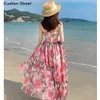 Vintage Red Mesh Dresses for Woman Summer High Waist Boho Clothing Printed Sleeveless Elegant Party Female 210603