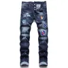 Men Badge Blue Slim Fit Jeans Fashion Skinny Washed Motocycle Denim Pants Panelled Hip Hop Biker Streetwear Trousers 10059