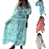 Casual Dresses Elegant Lace-Up Drawstring Dress Maxi Tree Animal Print V Neck Women Ruffled Hem Long Sleeve Loose For Ladies
