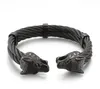 Mens Justerbart Armband Rostfritt Stål Twisted Cable Cuff Bangle With Vintage Biker Wolf Head End 86g Inner 12mm 65mm