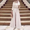 2022 elegante moslim jumpsuit avondjurken met afneembare rok kralen lange mouw formele feestjurken voor bruiloften Arabische Dubai prom broek pak jurk crew hals