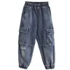 Trendy Jeans voor Jongens Kinderen Herfst Kinderkleding Soft Jeans Losse Denim Broek Big Pocket Cargo Pant Hip Hop Boys Broek G1220