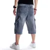 Mens Plus Size Loose Baggy Denim Short Men Jeans Fashion Streetwear Hip Hop Long 3/4 Cargo Shorts Pocket Bermuda Male Blue 210720