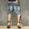 Summer Men's Loose Straight Ripped Denim Shorts High Quality Plus Size 40 42 44 Light Blue Hole Jeans Short Male Brand 210713