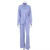 Blue Satin Solid Women's 2 Pieces Suit Loungewear Shirt Tops+wide Leg Pants Ladies Home Suit Wear Loose Casual Trousers Set Chic 211112