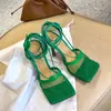 Высочайшее качество моды роскошные женские сандалии летние дамы на открытом воздухе под высоким каблуком дизайнерские шнуры на шнуровке сандалии сандалии зеленый желтый серебро красный черный размер 35-41