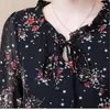 Blusas Mujer de Moda Kimono Casual Blouse en mousseline de soie florale Chemises pour femmes Chemise Plus Taille Vintage Manches longues Cravate avant Top 210308