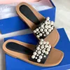 2021 Frauen Goldie Slide Sandalen Designer Perle Slipper Square Opentoe Flat Pflat Lady Sandal Top Quality Beige Schwarzes Kuh Leder2870729