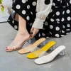 Slippers Transparent Ladies Slides 2021 Summer Female Mules Thick Mid Heels Crystal Women Shoes Woman Plus Size