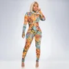 Women Retro Print Long Sleeve Crop Tops Bodycon Jumpsuit + Pants Two Piece Set Sexy Party Club Matching Fitness Outfits 210525