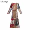 Klkxmyt patchwork floral longo za vestido mulheres primavera manga vintage envoltório midi mulher fashion cinto elegante es 210527