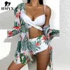 3 Peças Bikini Set Summer Sexy Cintas Bra + Cardigan Tops Banheira Terno Biquini Mulher Swimsuit Print Bikinis Bikinis Swimwear 210702