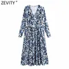 Zevity Women Elegant V Neck Bläck Leopard Utskrift Pläterad Midi Dress Femme Retro Långärmad Business Casual Slim Vestido DS4811 210603