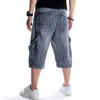 Mens plus storlek lösa baggiga denim korta män jeans mode streetwear hip hop lång 3/4 last shorts pocket bermuda man blå 210629