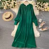spring fashion full sleeve round neck long dress women lace up hollow out back a-line pleated chiffon maxi 210603