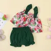 Zomer kinderen sets casual jongens groene riem print floral tops solide korte broek schattige meisjes kleding 1-5t 210629