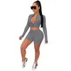 Women's Tracksuits Embroidery Knit Rib Tracksuit Women Sexy Zipper V Neck Long Sleeve Crop Top Biker Shorts Bodycon Two Piece Set Clothing