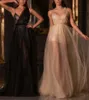 Sexig champagen svart sequin tulle lång aftonklänning v nacke ärmlös band formell fest klänning nya kläder de soirée vestidos longo 2022 ny