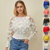 Design Sexy Off Womens Tops e Blusas Malha Sheer Suff Sleeve Tops Verão 3D Flor Vintage Branco Mulheres Camisa Blusa